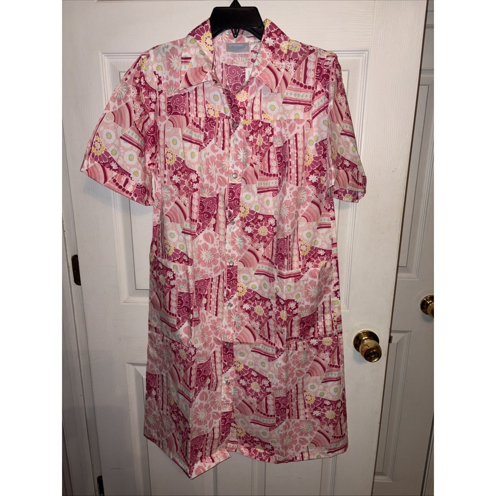 NWT National S House Dress Pink Patchwork Floral Pearl Snap Patio Muumuu Pockets